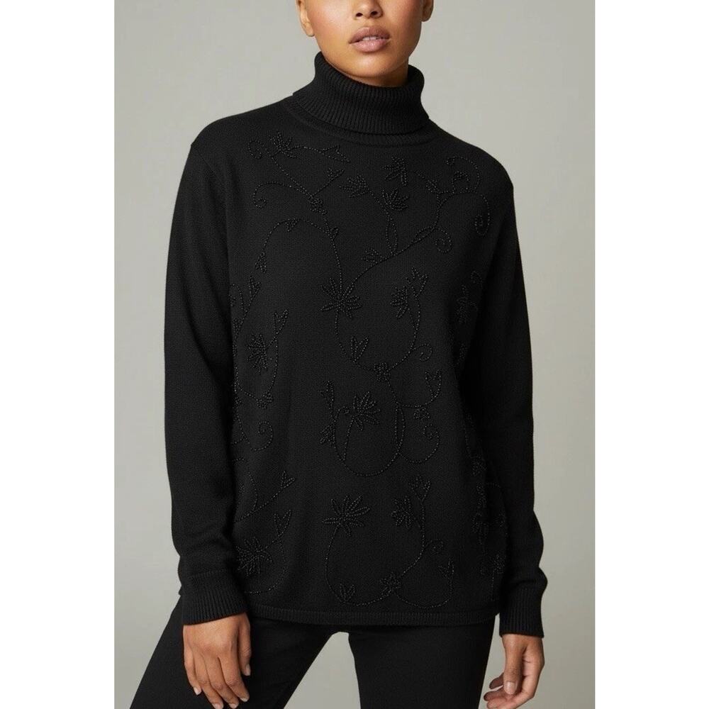 Vintage Silk Club Beaded Knit Top Black Mock Neck Coastal Grandmother Size M